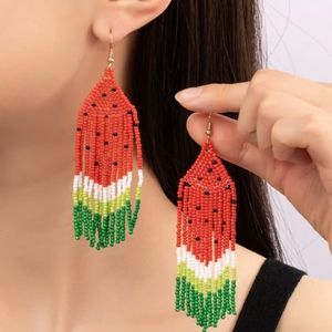 Long 4.5" Watermelon Earrings Handmade Oversized Beaded Fruit Boho Festival New